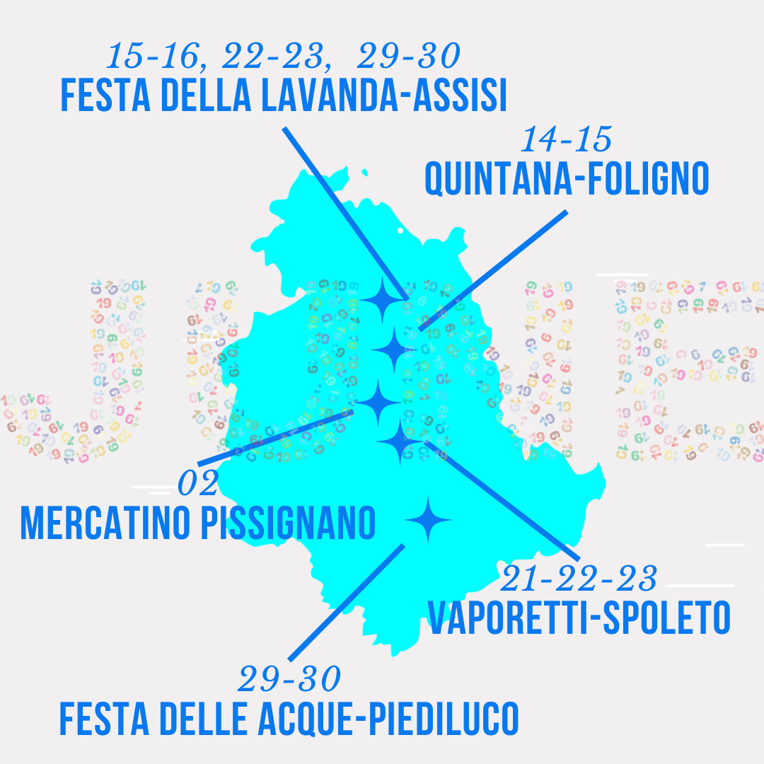 mappa dell'Umbria con i principali eventi del mese di Giugno