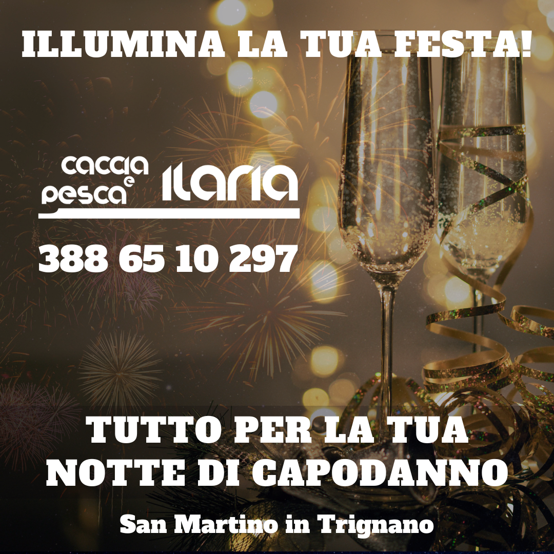 locandina pubblicitaria di caccia e pesca ilaria per la vendita di fuochi artificiali per la festa di capodanno