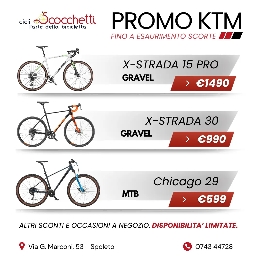 tre ciclisti in sella a biciclette da strada mentre corrono in discesa e suggeriscono offerta biciclette da strada Spoleto