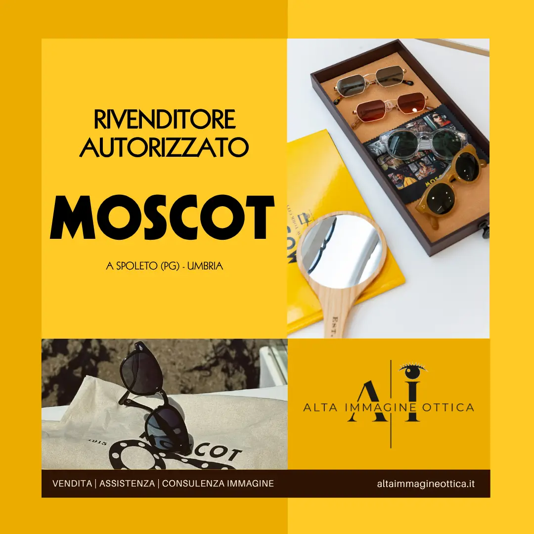 Locandina pubblicitaria di Alta Immagine Ottica, rivenditore autorizzato Moscot a Spoleto, Umbria