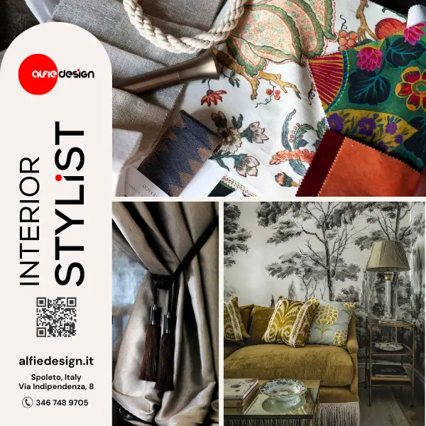 Interior Design a Spoleto, Umbria Composizione grafica con tessuti decorativi, dettaglio di una tenda con nappa e un soggiorno elegante arredato e sulla sinistra una fascia con il logo Alfie Design e i contatti, che suggeriscono interior design spoleto umbria.