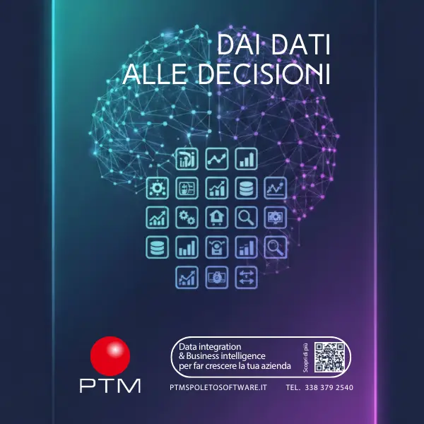 PTM Software personalizzati a Spoleto,Umbria cervello digitale con icone di analisi dati e testo sulle decisioni basate sui dati che suggerisce sviluppo software personalizzato spoleto umbria