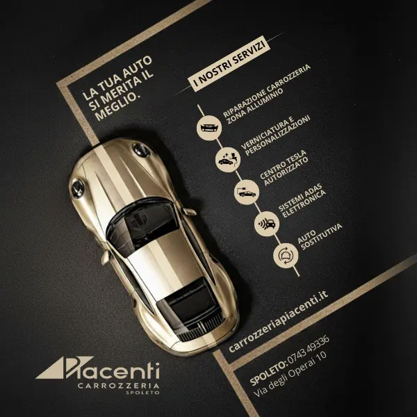 Piacenti carrozzeria autorizzata Tesla Spoleto,Umbria Vista dall’alto di una Porsche dorata su sfondo scuro con grafica dei servizi di carrozzeria, tra cui riparazioni Tesla certificate, verniciatura e sistemi elettronici