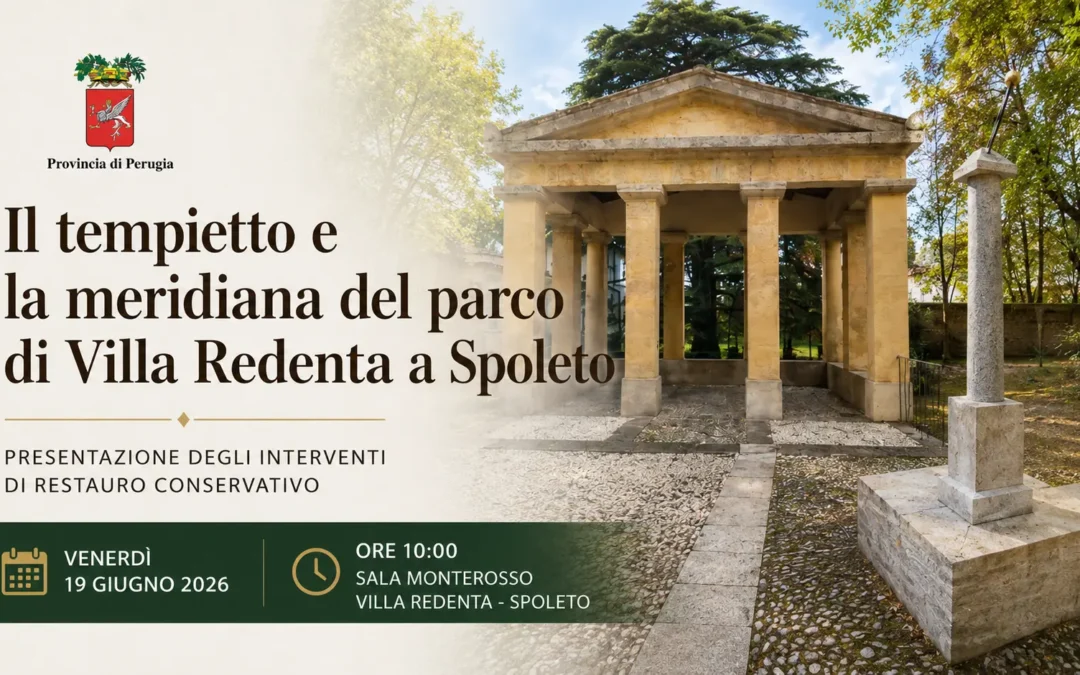 Tempietto dorico e meridiana restaurata nel parco di Villa Redenta a Spoleto durante la presentazione degli interventi di restauro conservativo.